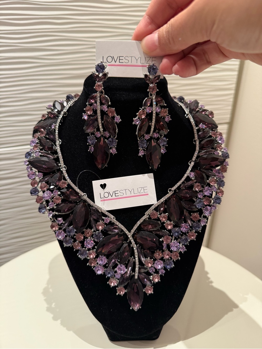 Purple Crystal Statement Necklace & Earrings Set